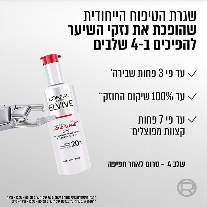 שגרת הטיפוח הייחודית שהפוכת את נזקי השיער להפיכים בארבעה שלבים. מסייעת להדק את מיקרו סיבי הקרטין בשיער. עד פי 3 פחות שבירה. עד מאה אחוז שיקום החוזק. שלב 4, סרום לאחר חפיפה.