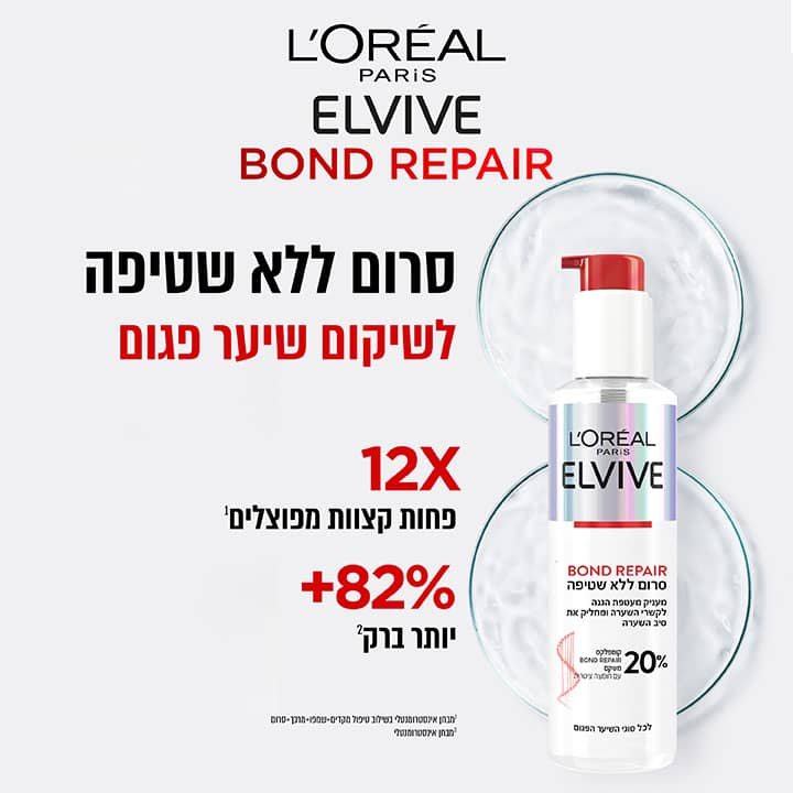 סרום ללא שטיפה לשיקום שיער פגום. פי 12 פחות קצוות מפוצלים. פלוס 82 אחוז יותר ברק. מבחן אינסטרומנטלי בשילוב טיפול מקדים + שמפו + מרכך + סרום.