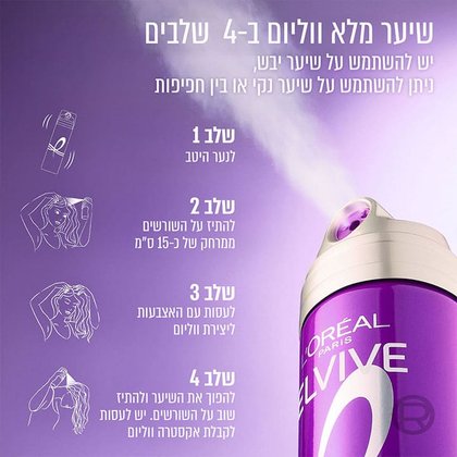 שיער מלא ווליום בארבעה שלבים. יש להשתמש על שיער יבש, ניתן להשתמש על שיער נקי בין חפיפות. שלב 1, לנער היטב. שלב 2, להתיז על השורשים ממרחק של כ-15 סנטימטר. שלב 3, לעסות עם האצבעות ליצירת ווליום. שלב 4, להפוך את השיער ולהתיז שוב על השורשים. יש לעסות לקבלת אקסטרה ווליום.