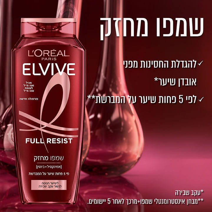 שמפו מחזק. להגדלת החסינות מפני אובדן שיער עקב שבירה. לפי 5 פחות שיער על המברשת. מבחן אינסטרומנטלי שמפו ומרכך לאחר 5 יישומים.