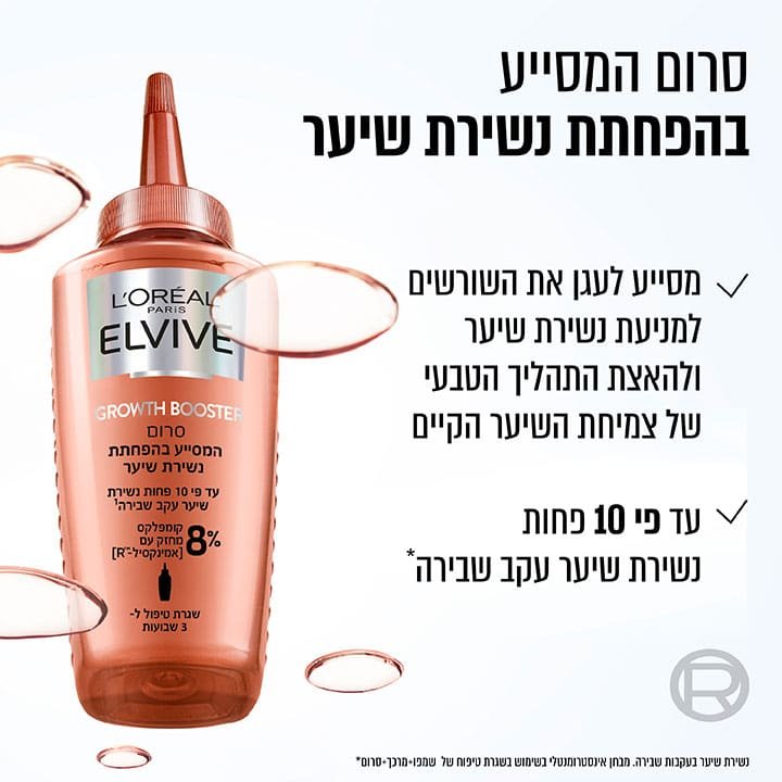 סרום המסייע בהפחתת נשירת שיער. מסייע לעגן את השורשים למניעת נשירת שיער ולהאצת התהליך הטבעי של צמיחת השיער הקיים. עד פי עשר פחות נשירת שיער עקב שבירה. נשירת שיער בעקבות שבירה. מבחן אינסטרומנטלי בשימוש בשגרת טיפוח של שמפו, מרכך וסרום.