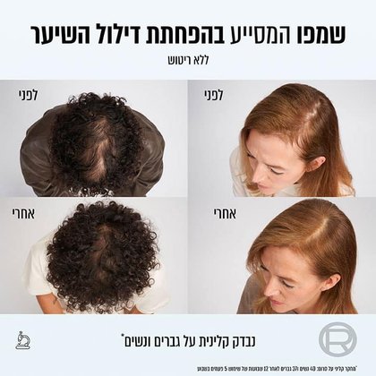 שמפו המסייע בהפחתת דילול השיער. תמונות ללא ריטוש של שתי נשים המציגות שיער לפני ואחרי שימוש במוצרי Growth Boost. נבדק קלינית על גברים ונשים. מחקר קליני על סרום, ארבעים נשים ושלושים ושבע גברים לאחר 12 שבועות של שימוש חמש פעמים בשבוע.