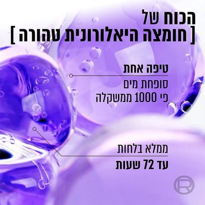 הכוח של חומצה היאלורונית טהורה. טיפה אחת סופחת מים פי אלף ממשקלה. ממלא בלחות עד 72 שעות.