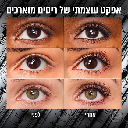 אפקט עוצמתי של ריסים מוארכים. תמונה המציגה עיניים של דוגמניות שונות לפני ואחרי איפור במסקרה