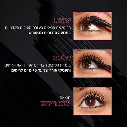 שלב 1, הרימי את הריסים בעזרת הסיבים הקדמיים בתנועה סיבובית מהשורש. שלב 2, בעזרת הסיבים הצדדיים הפרידי את הריסים והעניקי אורך של עד 5 מילימטר לריסים. שלב 3, ללא ריטוש.