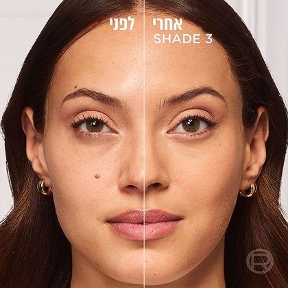 דוגמנית מציגה פנים לפני אחרי איפור במייקאפ באלם גוון Light