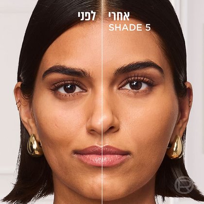 דוגמנית מציגה פנים לפני אחרי איפור במייקאפ באלם גוון Medium