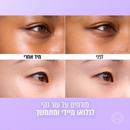 שתי דוגמניות מציגות מבט מקרוב על עור פנים לפני ואחרי שימוש בקרם נוזלי גלאס סקין. מורחים על עור נקי לגלואו מיידי ומתמשך.